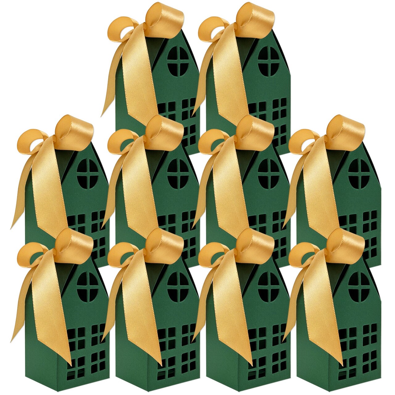 Wrapables Festive Christmas House Shaped Gift Boxes with Ribbons for Weddings, Housewarming, Cookies, Candies, Treats, Party Favors (Set of 10), Green
